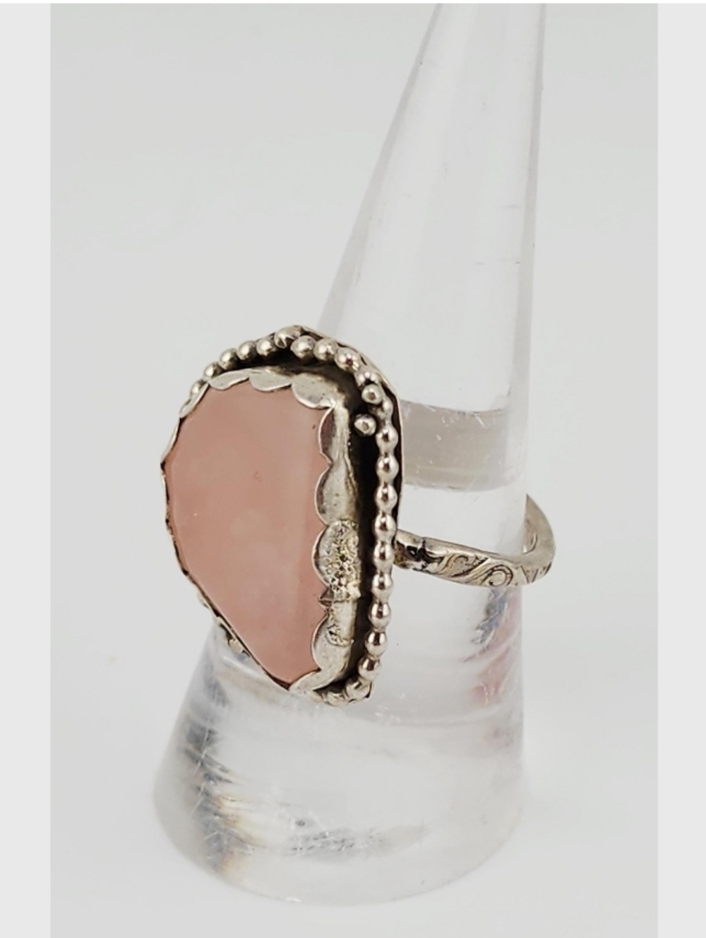 ROSE QUARTZ RING WITH EMBOSSED RING BAND HANDMADE IN STERLING SILVER SIZE 6.5